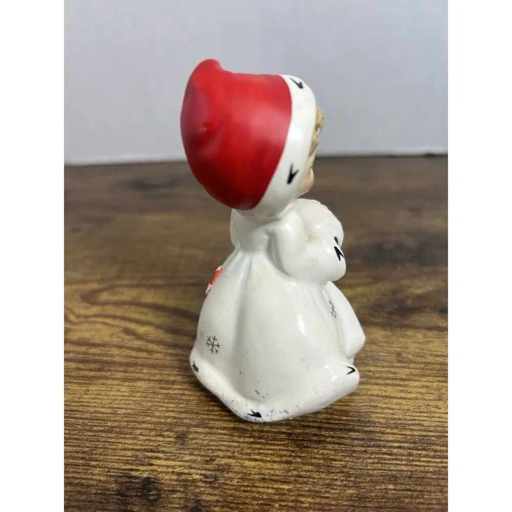 Vintage Napco Christmas Girl Bell Figurine White Coat Holly Japan 4” Tall Decor